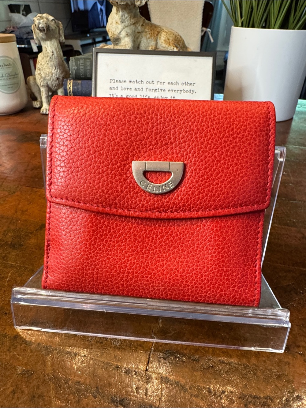 Celine Vintage Red Pebbled Leather Compact Wallet with Metal Logo